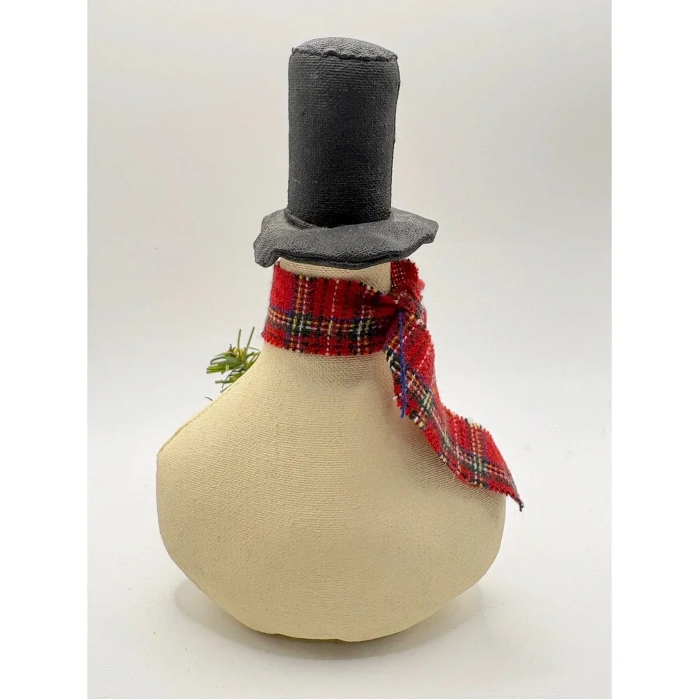 Vintage Handmade Primitive Snowman Red Plaid Scarf Black Hat Folk Art Christmas